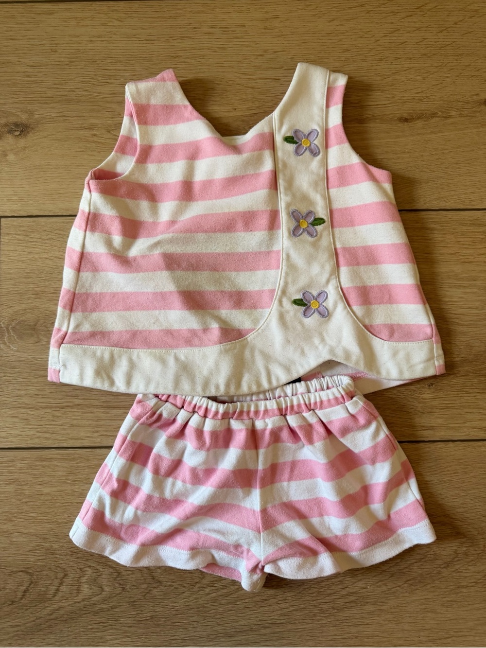 Pink and White Striped Girls Two-Piece Set with Flower Appliqué